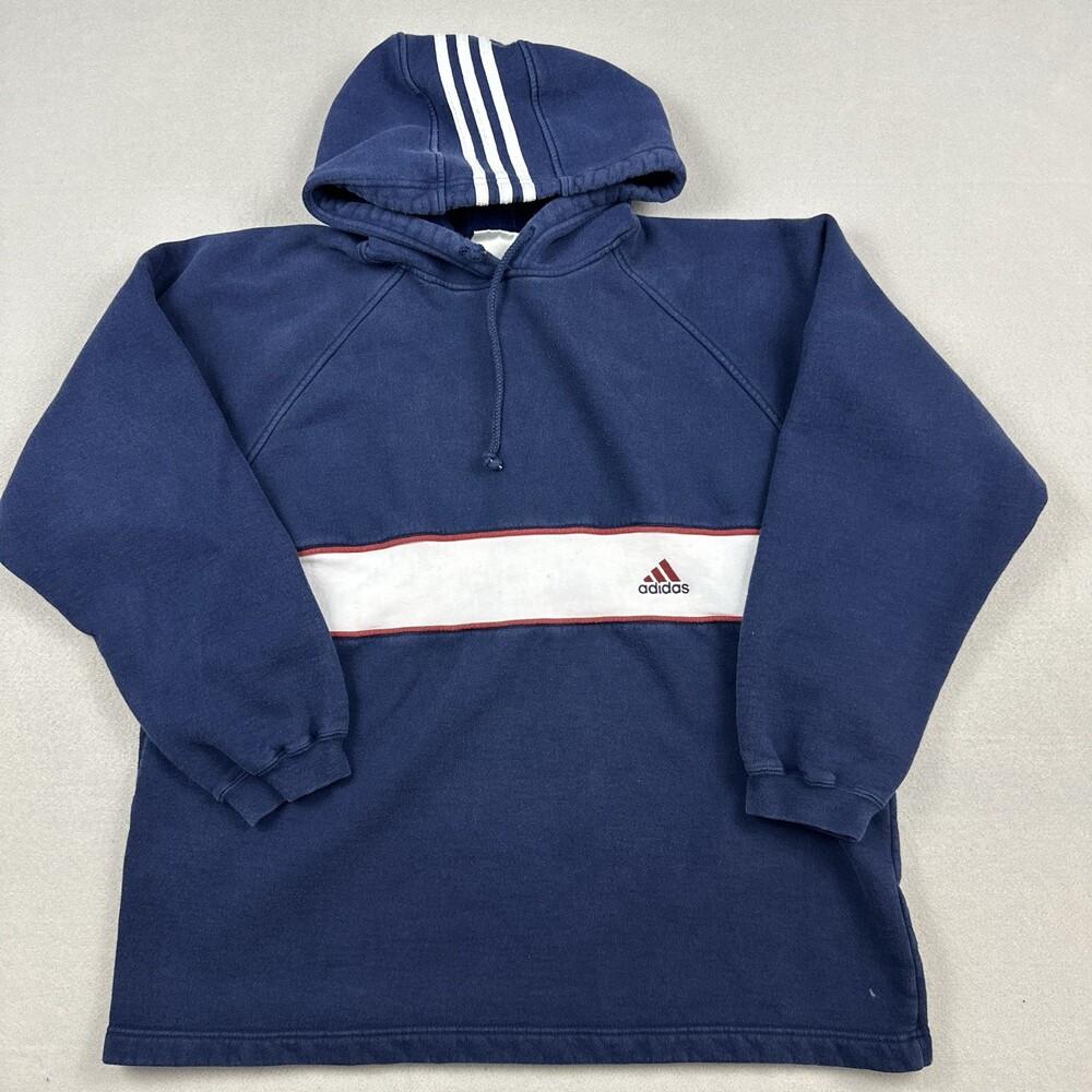 Vintage Adidas Hoodie Men Medium Blue Fleece Pullover Logo Sweatshirt 90s *